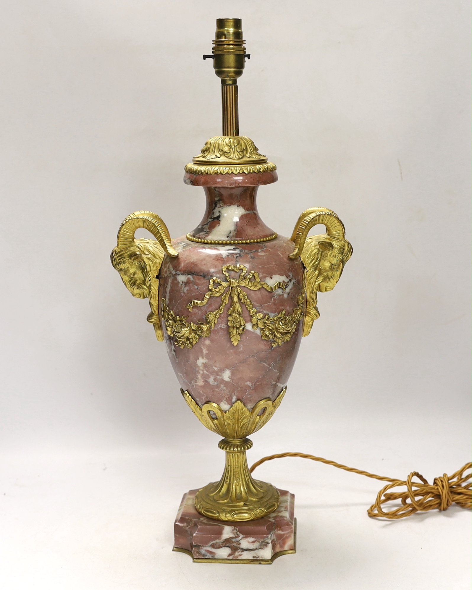 A Louis XVI style ormolu mounted marble table lamp, 52cm